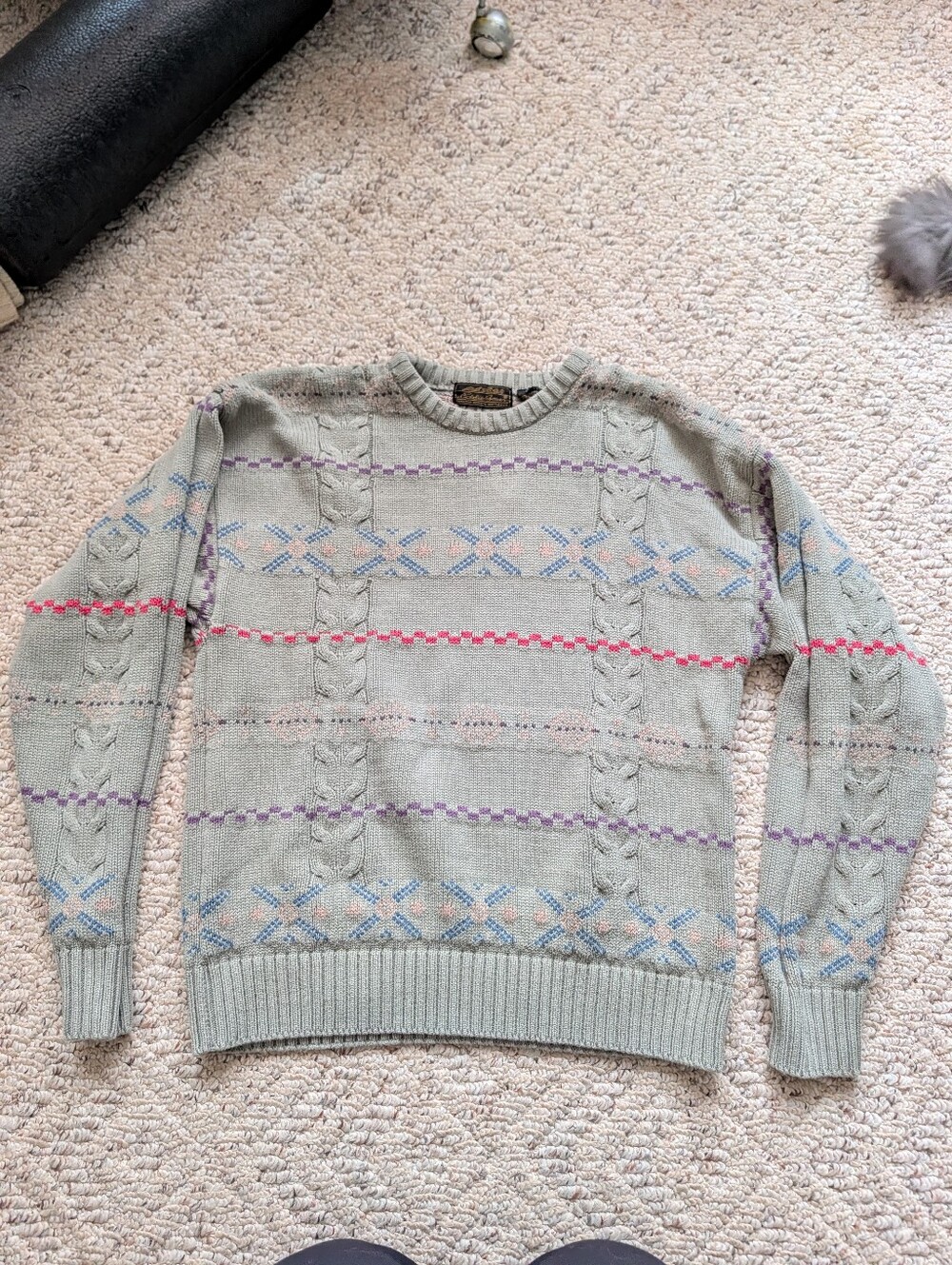 Vintage 80s Eddie Bauer Sage Green Fair Isle Knit Sweater Nordic Retro Cableknit